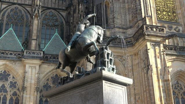 Fountain of St. Jiri - Statue of St. George the Victorious in close-up. Prague