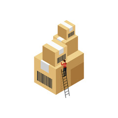 Character of man climbing by ladder on boxes.