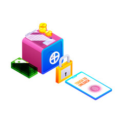 Stack of coins, money, locker with reciept and smartphone.