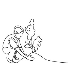 Man plant trees in continuous one line drawing. Plantation ecology concept. Minimalist vector illustration with editable stroke.
