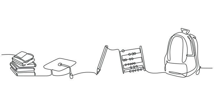 Education continuous one line drawing. Set of books, academic cap, pen, abacus, and study bag. Vector illustration minimalist back to school concept.