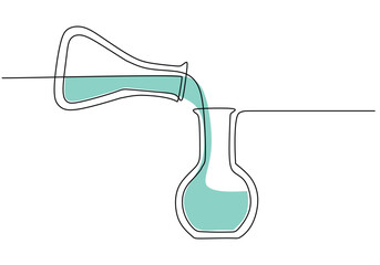 Chemical reaction with flask glass. Continuous one line drawing of chemistry laboratory tools. Wet research concept.