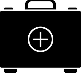 Illustration of black first aid kit box icon.
