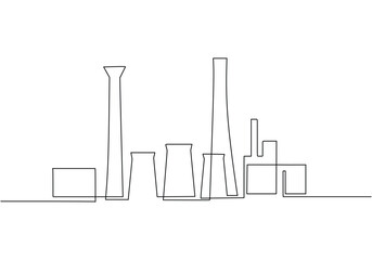 Industrial plant in continuous one line art drawing. Abstract factory buildings manufacture concept. Outline linear design Vector illustration isolated on white background.
