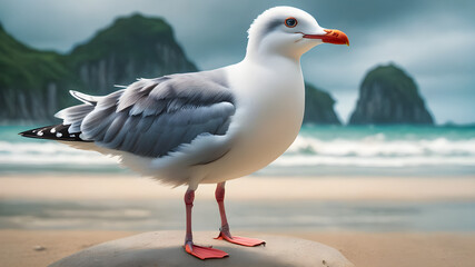 Seagull soars gracefully above the ocean waves, amidst a backdrop of endless blue sky and white sandy beaches