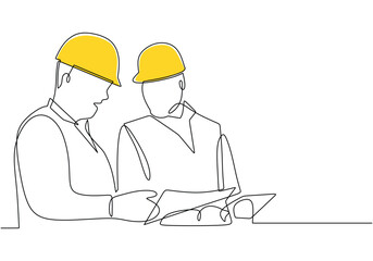 Construction worker discuss a project. One line drawing continuous style. People plan work with helmet.