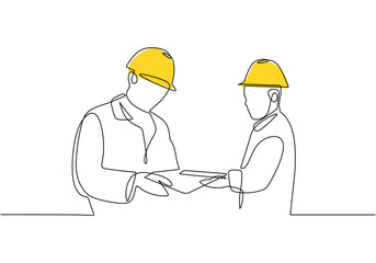 Construction worker discuss a project. One line drawing continuous style. People plan work with helmet.