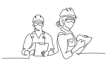 Workers with helmet in continuous single line art drawing. Construction industrial worker concept. Man and woman standing with paper.