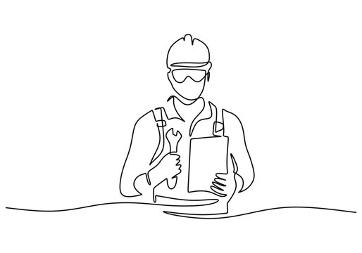 recommend clip art: Worker with helmet in continuous single line art drawing. Construction industrial worker concept.