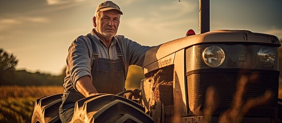 A senior farmer is standing next to a small tractor in a vast field, preparing for the autumn harvest. The tractor is ready to pick vegetables and dig potatoes.
