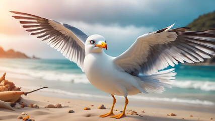 Obraz premium Seagull soars gracefully above the ocean waves, amidst a backdrop of endless blue sky and white sandy beaches