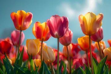 Fotobehang A colorful tulip field under a clear blue sky, Vibrant Spring Joy © Hustle Organisation