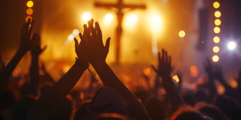 Worship god concept human rising hands over blurred cross