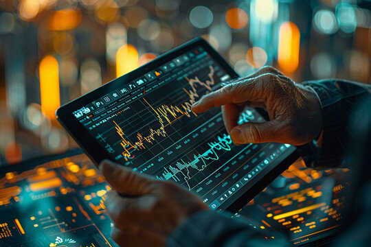 people checking for the stock prices and chart showing inclining on big glass screens, at the stock market office, on laptops and tablets and mobiles 