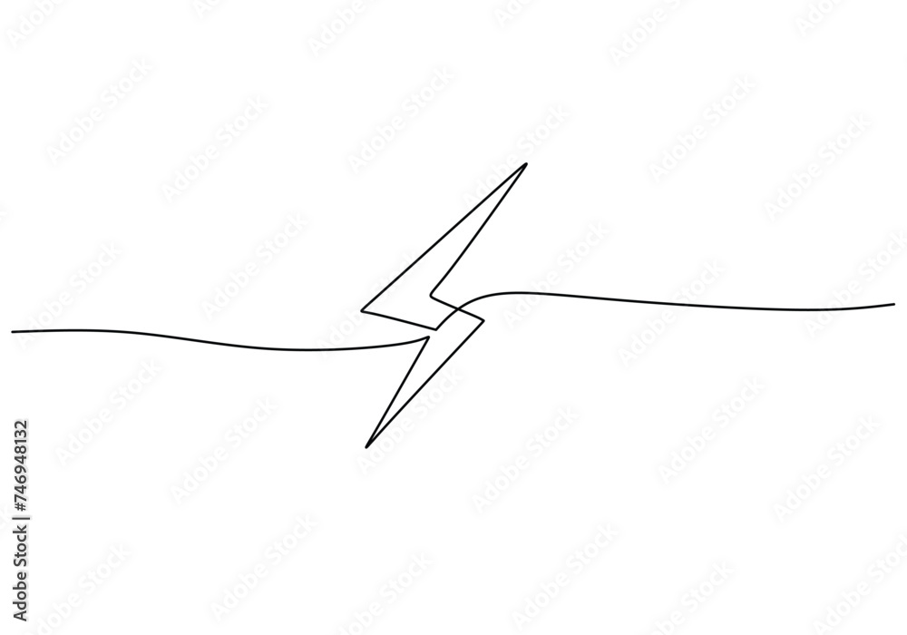 Wall mural lightning electric power in continuous one line art drawing. flash bolt sign symbol.