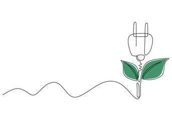 One line drawing of power plug with leaf. Green energy concept. Eco and modern theme vector illustration.