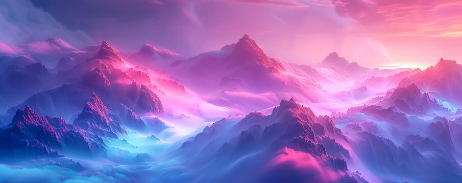 Glowing neon mist envelops ethereal peaks, a fantasy landscape alive with the technology of galaxies