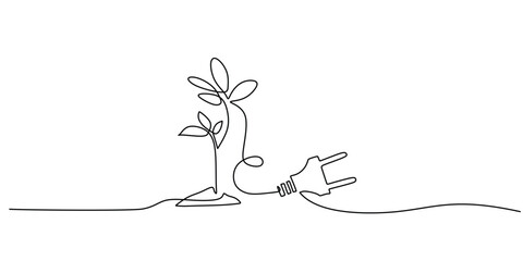 One line drawing of power plug and plants. Green energy concept. Eco and modern theme vector illustration.