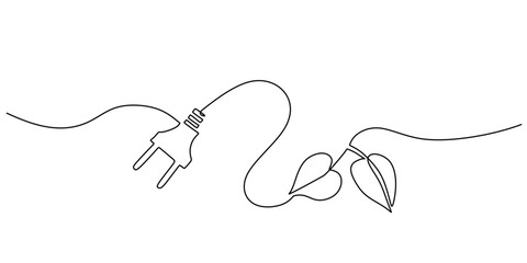 One line drawing of power plug with leaf. Green energy concept. Eco and modern theme vector illustration.