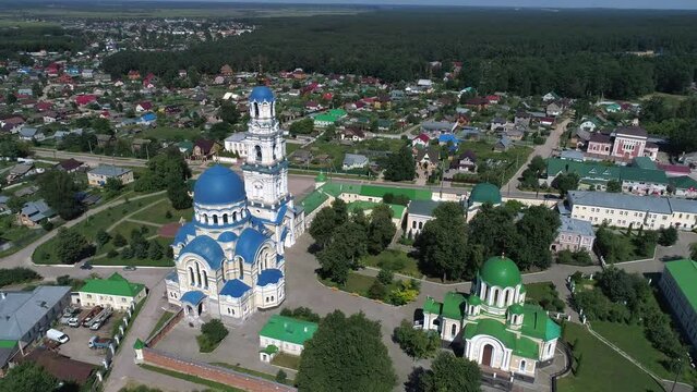 View from a height of the St. Tikhon Hermitage on a sunny July day (aerial photography). Kaluga region