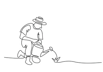 People watering plants in continuous single line drawing. Concept of farmer plantation ecology farming and sustainable growing.