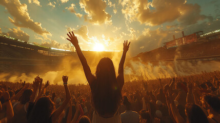 Crowd of people with raised hands enjoying a concert at sunset - obrazy, fototapety, plakaty