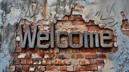 Brick Welcome concept creative horizontal art poster. Photorealistic textured word Welcome on artistic background. Ai Generated Hospitality and Greetings Horizontal Illustration.