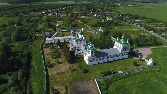 View from the height of the Nikolo-Vyazhishch monastery on a sunny June day. Novgorod Region, Russia