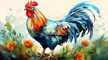 watercolor vector illustration Asian rooster isolated on white background - obrazy, fototapety, plakaty