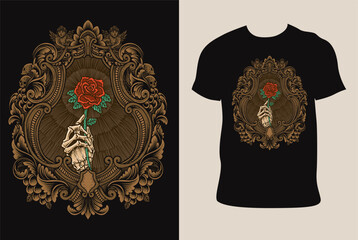 Illustration vector skull holding rose flower with engraving ornament on T shirt mockup