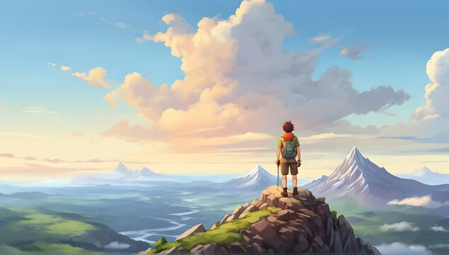 Hiker on a top of a mountains. Cartoon or anime illustration style.