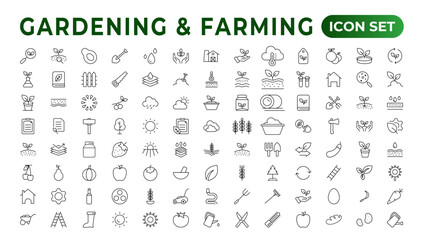 Set of outline icons related to gardening, landscaping, and farming. Linear icon collection.Set of horticulture Icons. Farming and agriculture outline icon collection. Outline icon set.