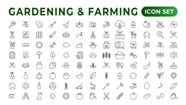 Set of outline icons related to gardening, landscaping, and farming. Linear icon collection.Set of horticulture Icons. Farming and agriculture outline icon collection. Outline icon set.