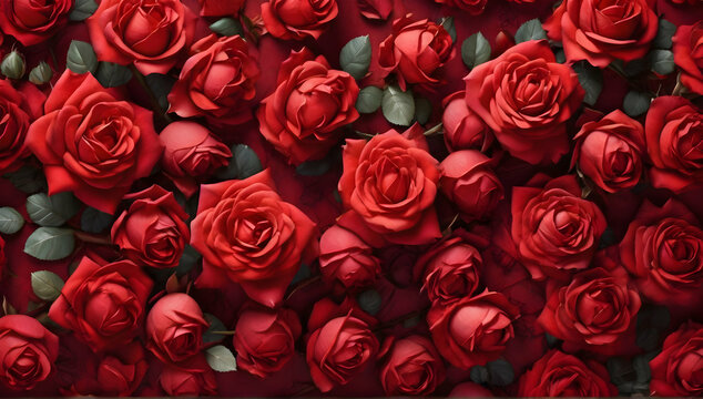 Beautiful red rose flowers background. Top view