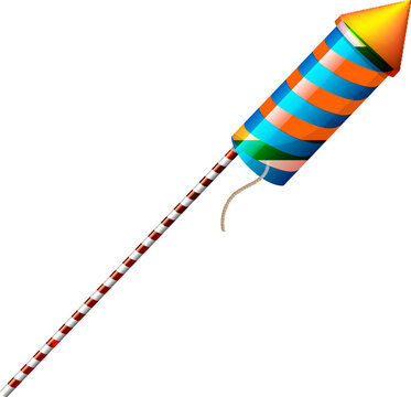 3D firecracker rocket in pink and blue stripe pattern.