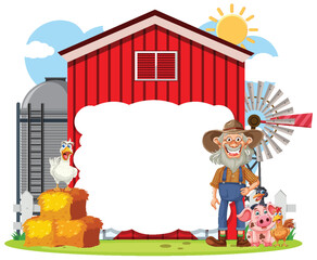 Cartoon farmer with animals in front of barn