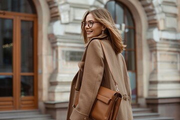 portrait of business woman wearing casual work clothes and carrying briefcase in the city, happy business woman smiling and looking at camera. ai generative