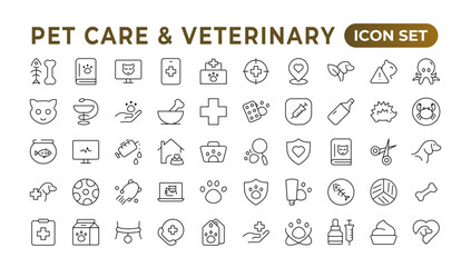 Set of line icons related to pet, care, veterinary, vet, and healthcare. Outline icon collection. Set of outline veterinarian icons. Animals veterinary icons.Pet and Vet Line Icon Set.
