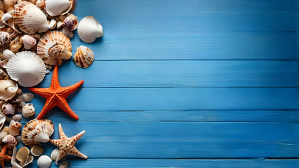 Sea shells and starfish on a blue wooden background. Top view. Beach scene concept.