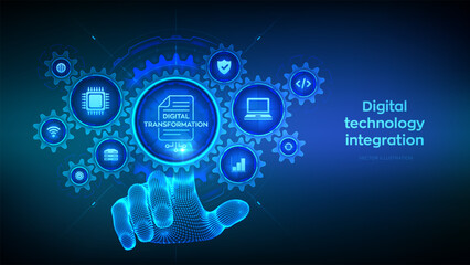 Digital transformation concept. Digitization of business processes and modern technology. Disruption, innovation. Hand touching digital interface with connected gears cogs, icons. Vector illustration.