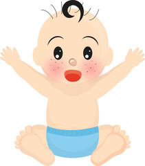 Cute baby raising hands up in sitting pose.