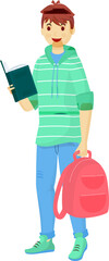 Student boy reading a book holding backpack in standing pose.