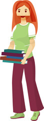 Character of young girl holding books in walking pose.