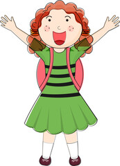 Happy little student girl raising hands up.