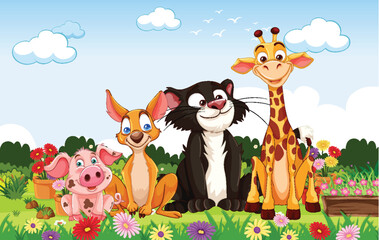 Cartoon animals smiling in a colorful meadow