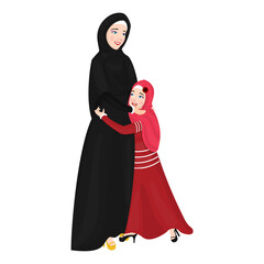 Character of a cheerful islamic mother hugging her daughter in Eid Mubarak Celebration.