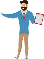 Character emotion. Illustration of bearded man character and holding a clipboard paper on white background.