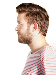 Face profile, hair and beard with man in studio isolated on white background for masculine grooming. Beauty, model and haircare with young person at barber or hairdresser for hygiene or self care