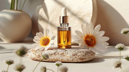 Obraz na płótnie Canvas The minimalist cosmetics beauty care concept with an organic serum oil bottle placed on stone alongside flowers 