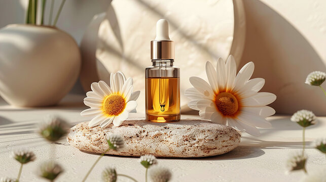 The minimalist cosmetics beauty care concept with an organic serum oil  bottle placed on stone alongside flowers 